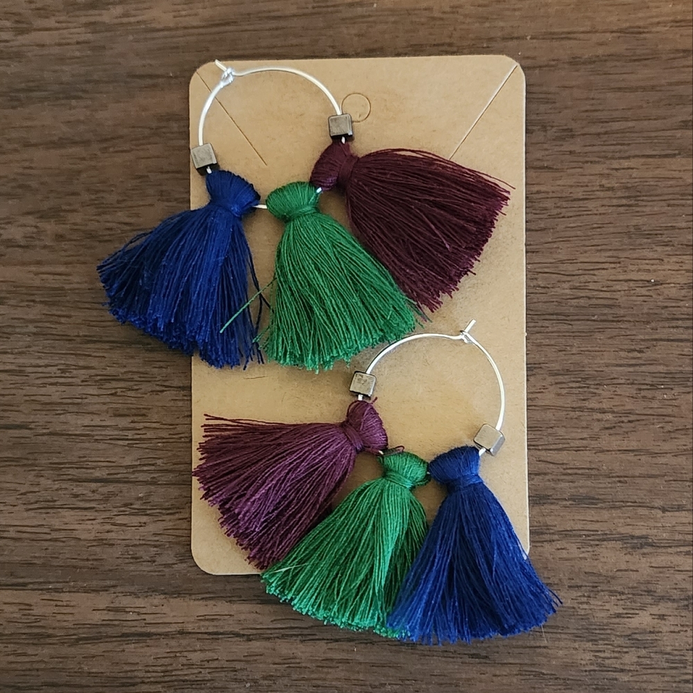 Dark Jewel Tone Tassel Hoop Earrings